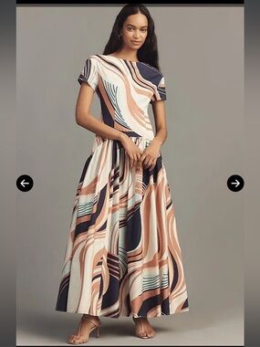 hutch atley abstract print short sleeve poplin drop waist maxi dress small NEW